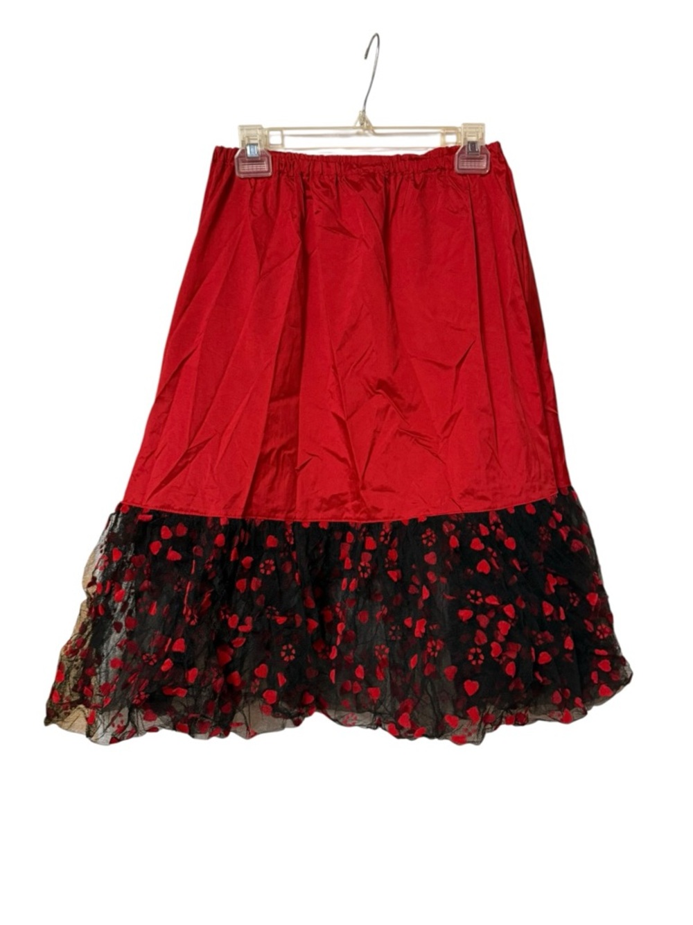 Vintage Yves Saint Laurent Red Midi Skirt with Black Hearts Tulle Hem size 8P